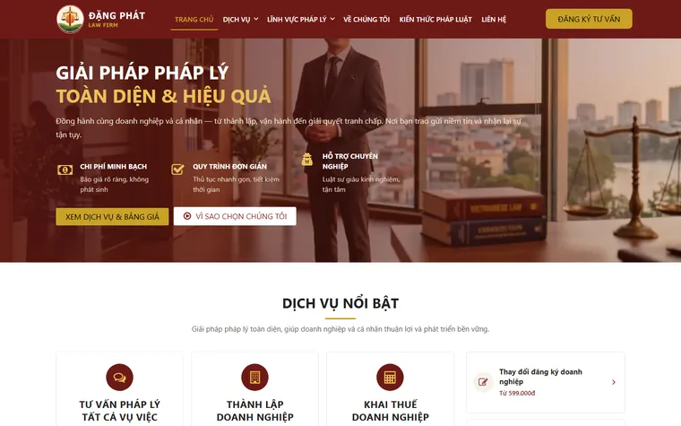Trang chủ website Công ty Luật Đặng Phát với khối giới thiệu dịch vụ pháp lý