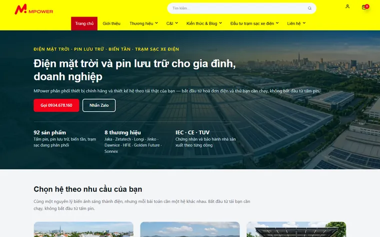 Trang chủ website MPower giới thiệu giải pháp điện mặt trời và pin lưu trữ