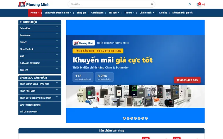 Trang chủ website Thiết bị điện Phương Minh với danh mục sản phẩm và banner khuyến mãi