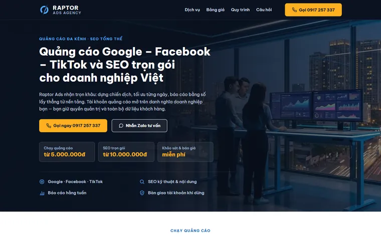 Trang landing page một trang của Raptor Ads do Net Solutions dựng