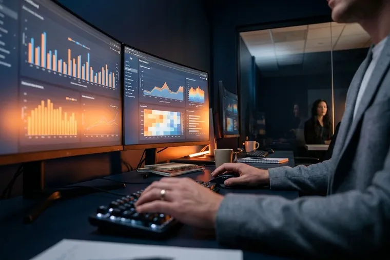Chuyên viên Net Solutions theo dõi bảng số liệu chiến dịch quảng cáo trên hai màn hình