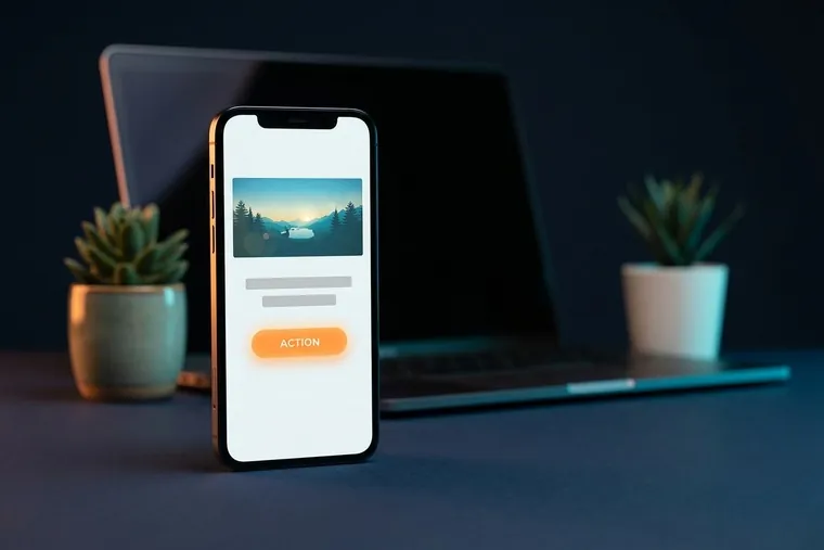 Điện thoại hiển thị một trang landing page bán hàng với nút kêu gọi hành động màu cam