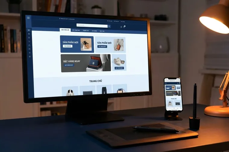 Màn hình hiển thị giao diện website bán hàng do Net Solutions thiết kế, kèm bản hiển thị trên điện thoại